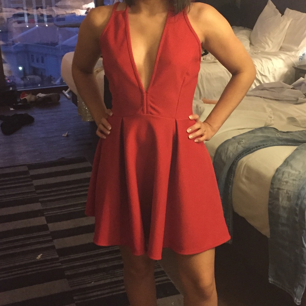 Red deep V dress flare dress